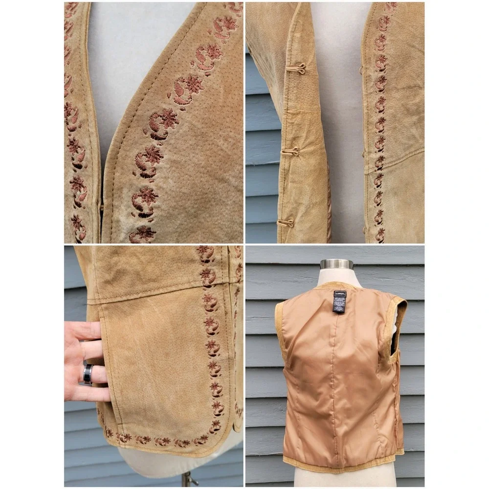 Vintage Outbrook Vest Camel Tan‎ Suede Leather Floral Embroidered Western M 8/10
